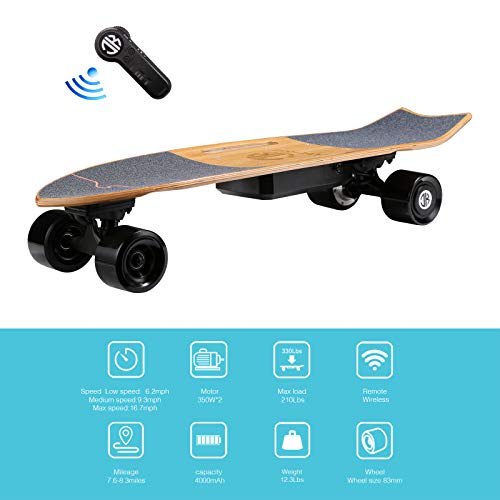 Jking Electric Skateboard Electric Longboard with Remote Control Electric Skateboard,700W Hub-Motor,16.7 MPH Top Speed,8.2 Miles Range,3 Speeds Adjustment,12 Months Warranty