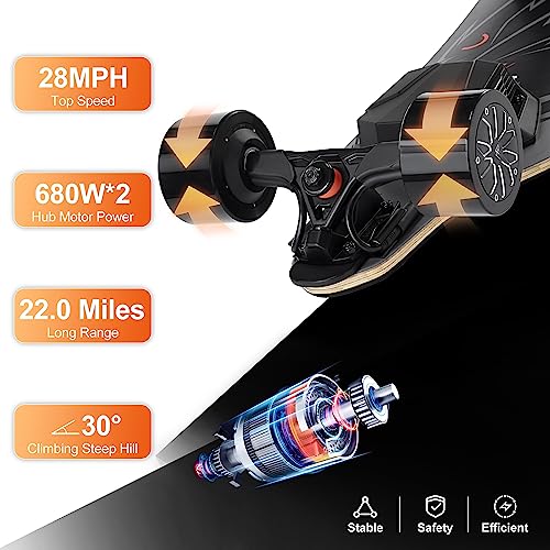 WOWGO Electric Skateboard Longboard with 22mile Range Dual 680W Motors Waterproof E Skateboards for Adult Beginners, 90mm Wheels Board with Top Speed 28mph for Commute Max Load 330LB - Pioneer-4