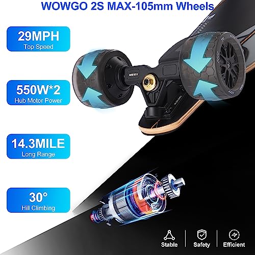 WOWGO Electric Skateboards Longboard with Top Speed 29MPH Dual 550W Motors for Adults Beginners Max Load 330LB, 105mm Honeycomb Wheels E Skate Board with 14.3Mile Long Range for Commute -2S MAX