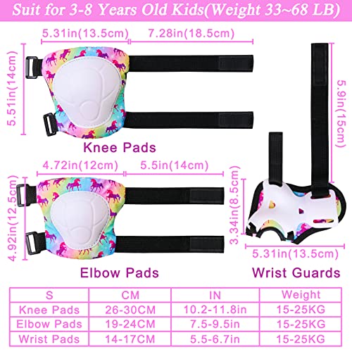 Bienbee Knee Pads for Kids Unicorn 7 Pcs Knee and Elbow Pads Wrist Guards for Girls Boys Protective Gear Set with Bag for Roller Skating Inline Skates Skateboard Cycling Rainbow