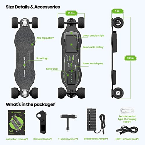 isinwheel V8 Electric Skateboard with Remote, 1200W Brushless Motor, 30 Mph Top Speed & 12 Miles Range, IP54 Waterproof, Electric Longboard for Adults &Teens with Green Ambient Light