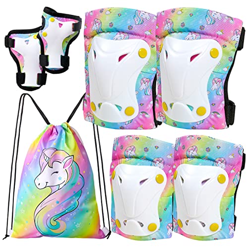 FIODAY Knee Pads for Kids Unicorn Knee Elbow Pads Wrist Guards with Drawstring Bag Adjustable Protective Gear Set for Girls Boys Inline Skating Bike Cycling Skateboard Scooter, 3-8 Years, Rainbow