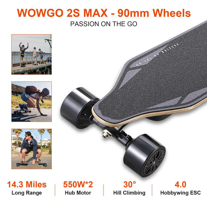 WOWGO Electric Skateboard with Top Speed 29MPH Dual 550W Motors E Longboard for Beginners Adults Commute Trip, 90mm Wheels Skateboards with 14.3 Miles Long Range Max Load 330 LBS-2S MAX