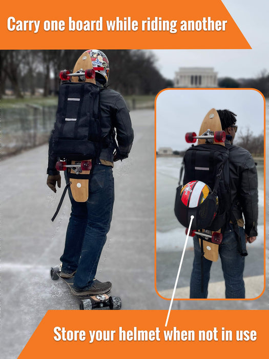 Man riding skateboard while wearing backpack holding longboard. Shows room for helmet.