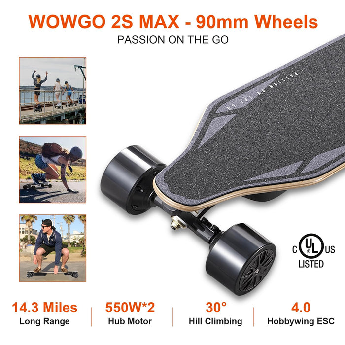 WOWGO Electric Skateboard with 12S2P 216Wh Battery Dual 550W Motors, E Longboard for Beginners Adults Max Load 330 LBS, 90mm Wheels Skateboards with 14.3 Miles Range -2S MAX