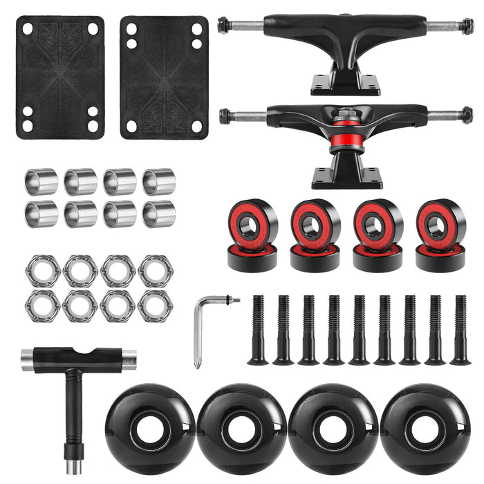 AXDT Skateboard Wheels Set,Include Skateboard Trucks, Skateboard Wheels 52mm, Skateboard Bearings, Skateboard Pads, Skateboard Hardware 1" (Black Truck & Black Wheel)