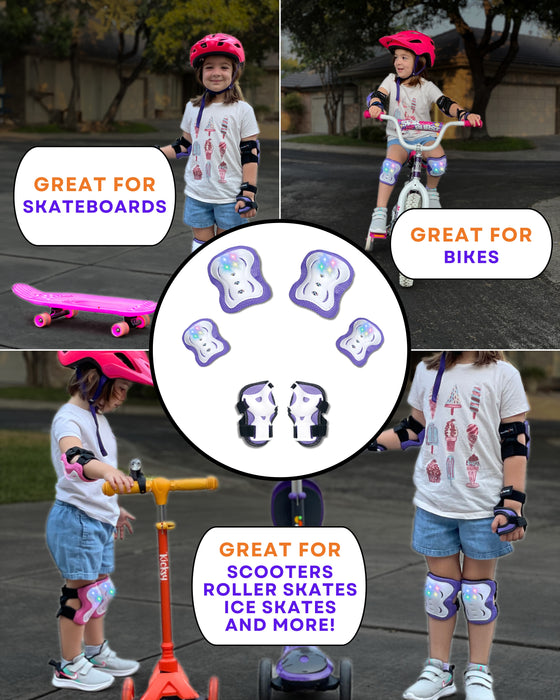 LED Light Up Knee & Elbow Pads Set – Glow in the Dark Skate Pads for Kids