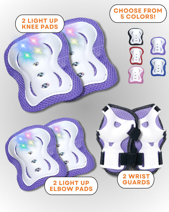 LED Light Up Knee & Elbow Pads Set – Glow in the Dark Skate Pads for Kids