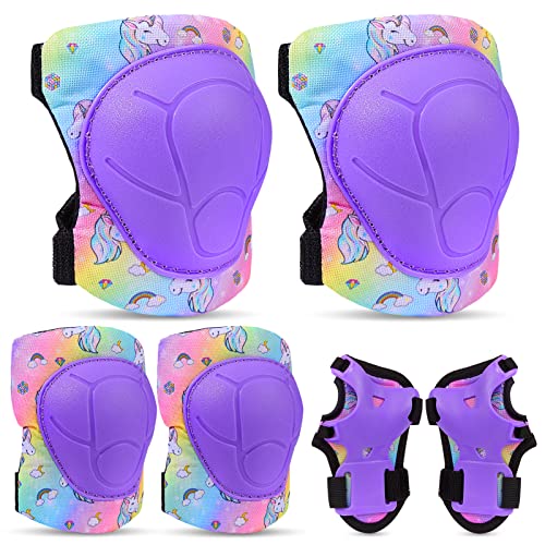FIODAY Knee Pads for Kids Unicorn Protective Gear Set Adjustable Knee Pads and Elbow Pads with Wrist Guard for Girls Roller Skates Cycling Bike Skateboard Inline Skatings Scooter, 3~8 Years
