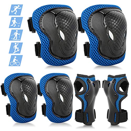 ValueTalks Protective Gear Sets for Youth/Kids Adjustable Safety Knee Pads and Elbow Pads Wrist Guards for 5~15yrs Girls Boys Teens Cycling Skating Roller Skateboard Bike Scooter Outdoor Sports
