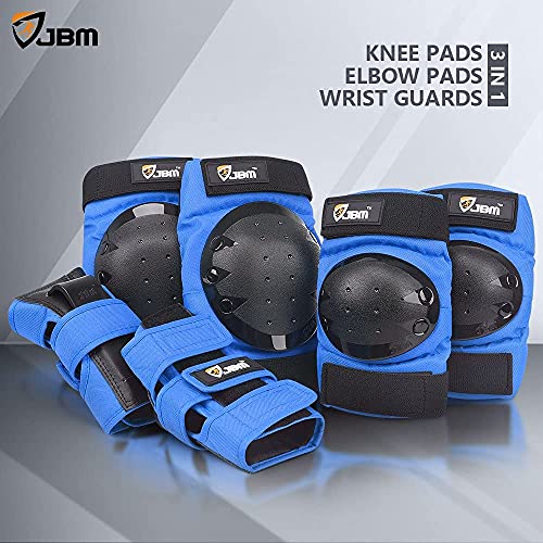 JBM international Adult / Child Knee Pads Elbow Pads Wrist Guards 3 In 1 Protective Gear Set, Blue, Youth / Child