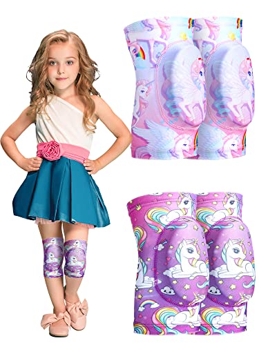 2 Pair Kids Knee Pad Dinosaur Anti Slip Padded Sponge Knee Brace Breathable Flexible Toddler Knee Pads Elastic Children Knee Support for Girl Boy Sport Volleyball Dance Skating Basketball, 3-7 Years (Unicorn)