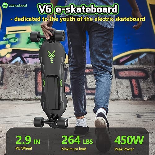 isinwheel V6 Electric Skateboard, 450W Peak Power, 10 Miles Max Range, 12 MPH Top Speed, 8 Layers Maple E-Skateboard with Wireless Remote Control, 3 Speed Adjustment, 264Lbs Max Load