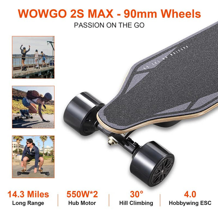 WOWGO Electric Skateboard 29MPH Top Speed Longboard with Dual 550W Motors for Adults Teens, Long Range 14.3 Miles Fast E Skateboards with Safe M Helmets