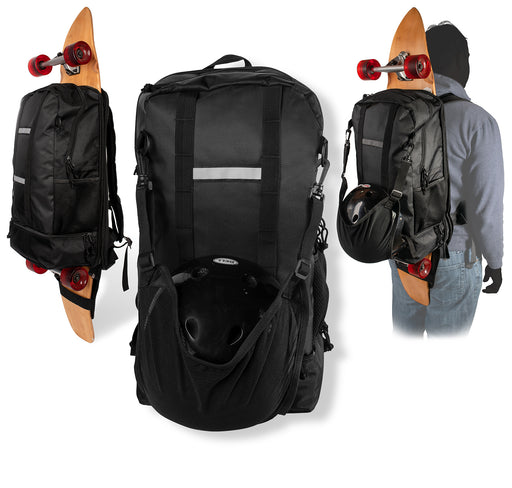 Skateboard backpack from different angles. With helmet holder. Carrying a longboard.