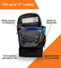 Infographic of skateboard backpack showing room for notebooks, waterbottle, phone and computer. Thick, rain proof material