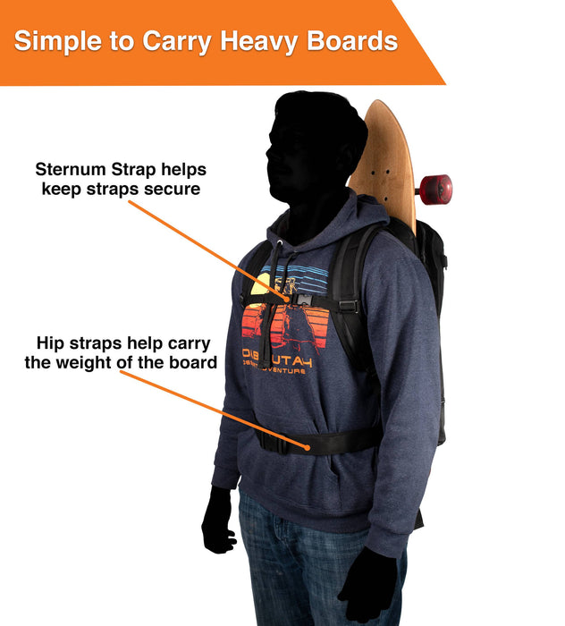 Man wearing skateboard backpack that can hold heavy boards. Sternum strap keeps it secure and hip straps help carry the weight of the board.